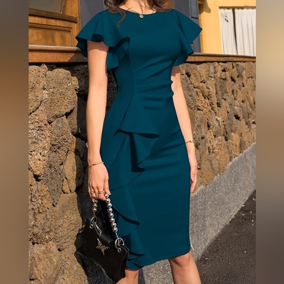 Elegant Teal Ruffle Dress, Ruffle Sleeve Ruched Bodycon Midi Dres - Picture 4 of 6